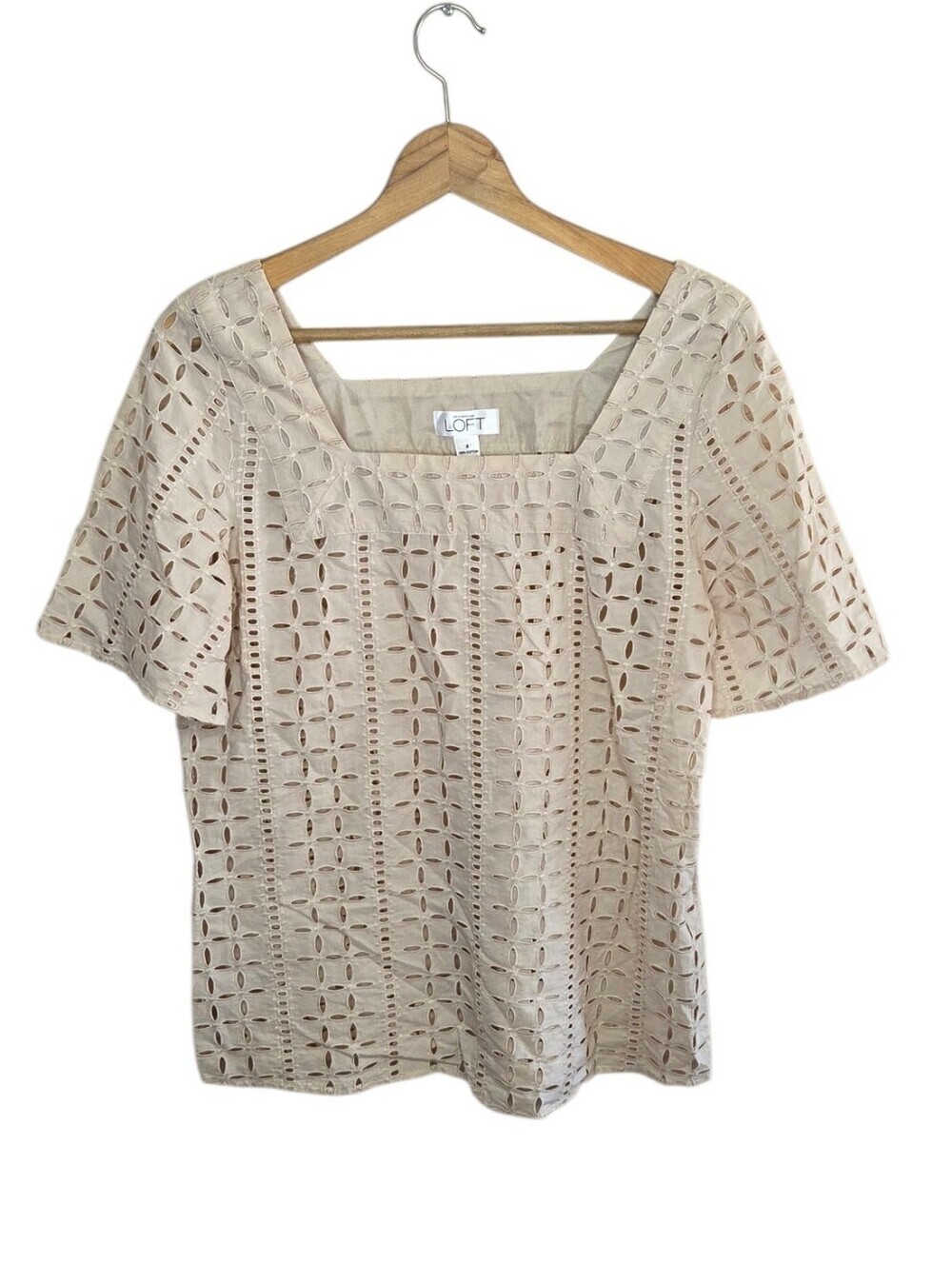 Loft Beige Eyelet Square Neck Short Sleeve Cotton Top Size 8 Casual Summer Boho